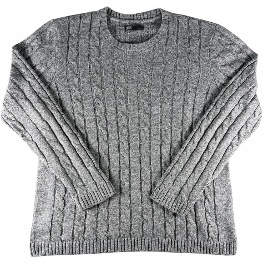 ASOS Mens Gray Cable Knit Sweater Large L Crewneck Pullover Long Sleeve